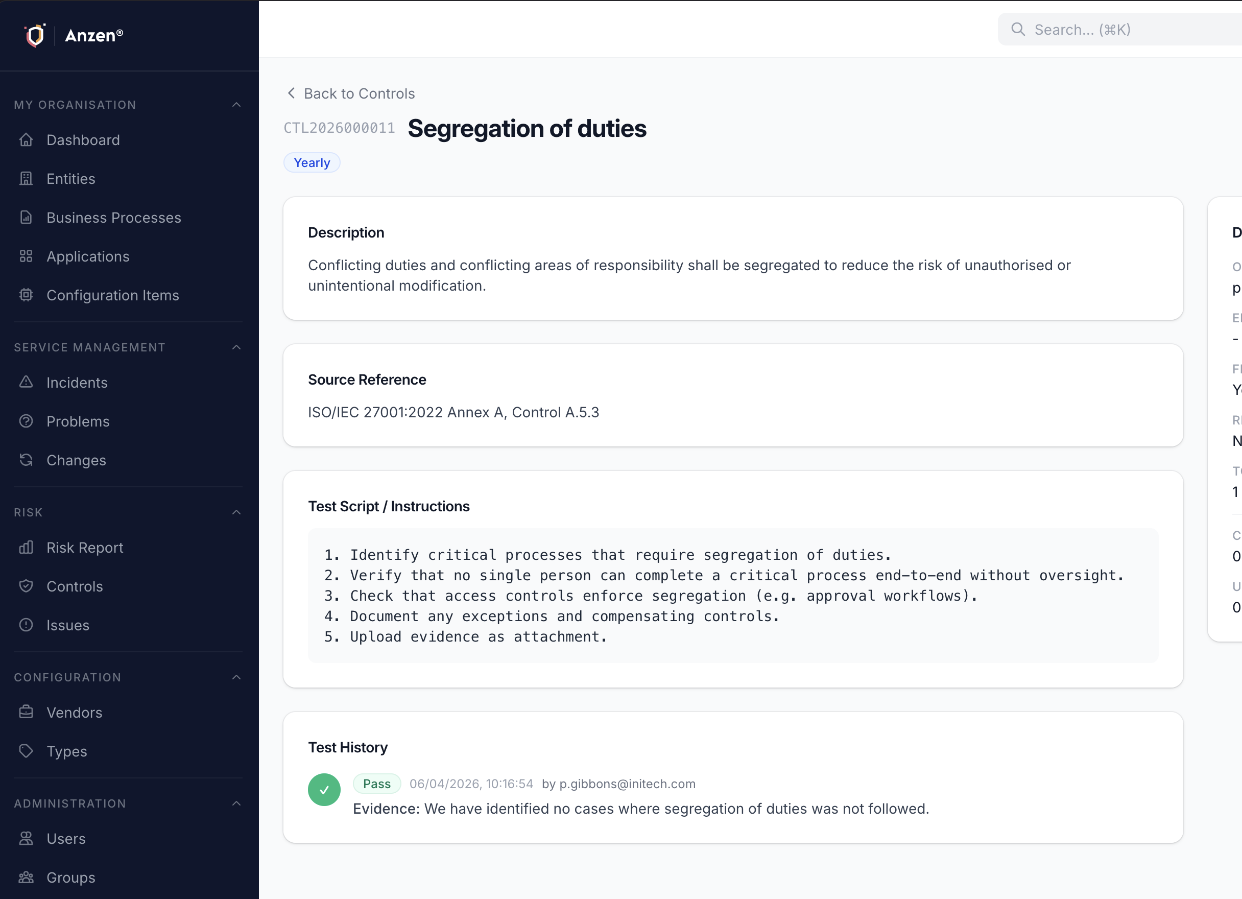 Control detail view showing test script instructions, related assets, and test history with pass/review status