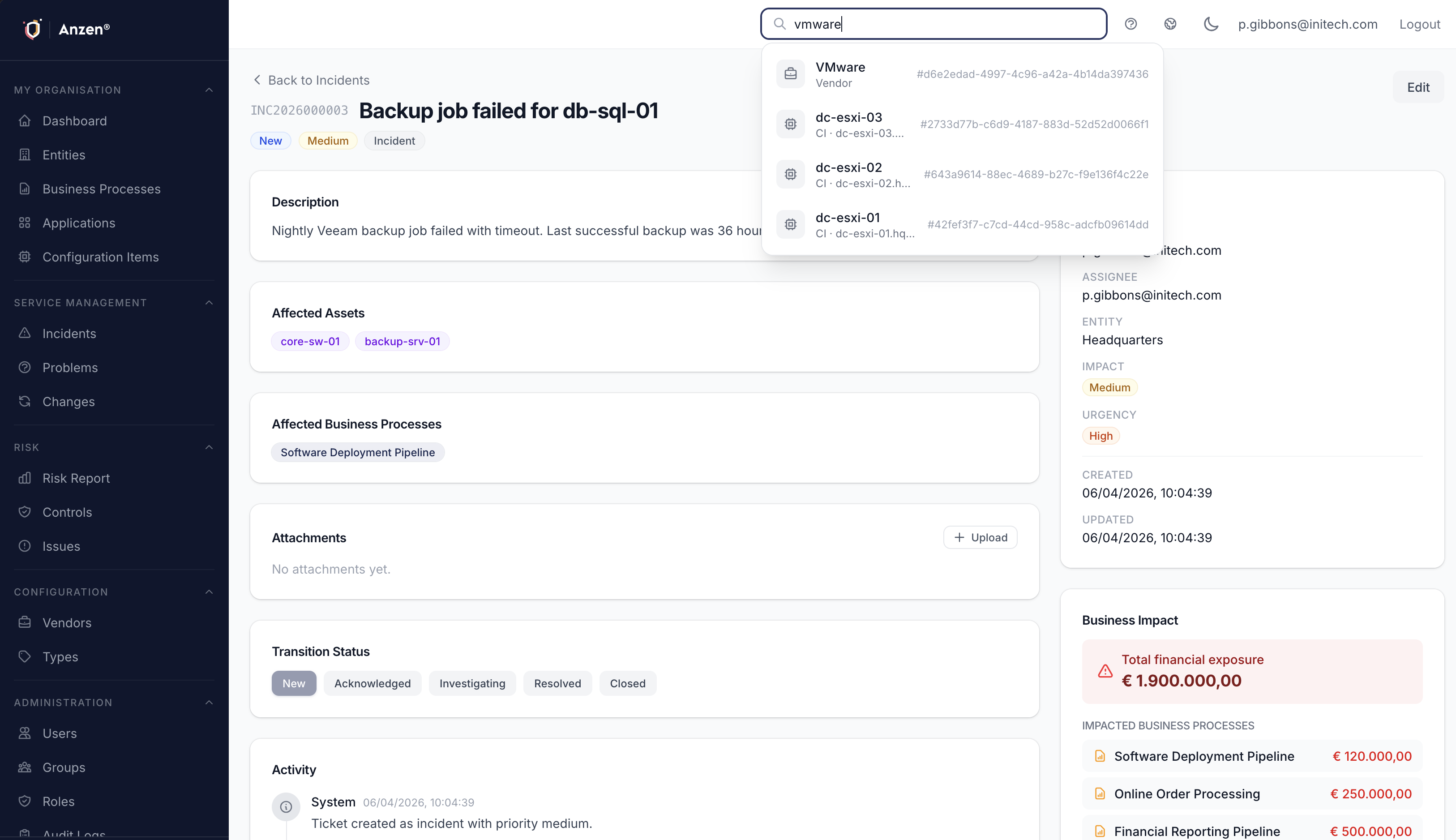 Issue detail view with global search showing vendor and CI results across the platform